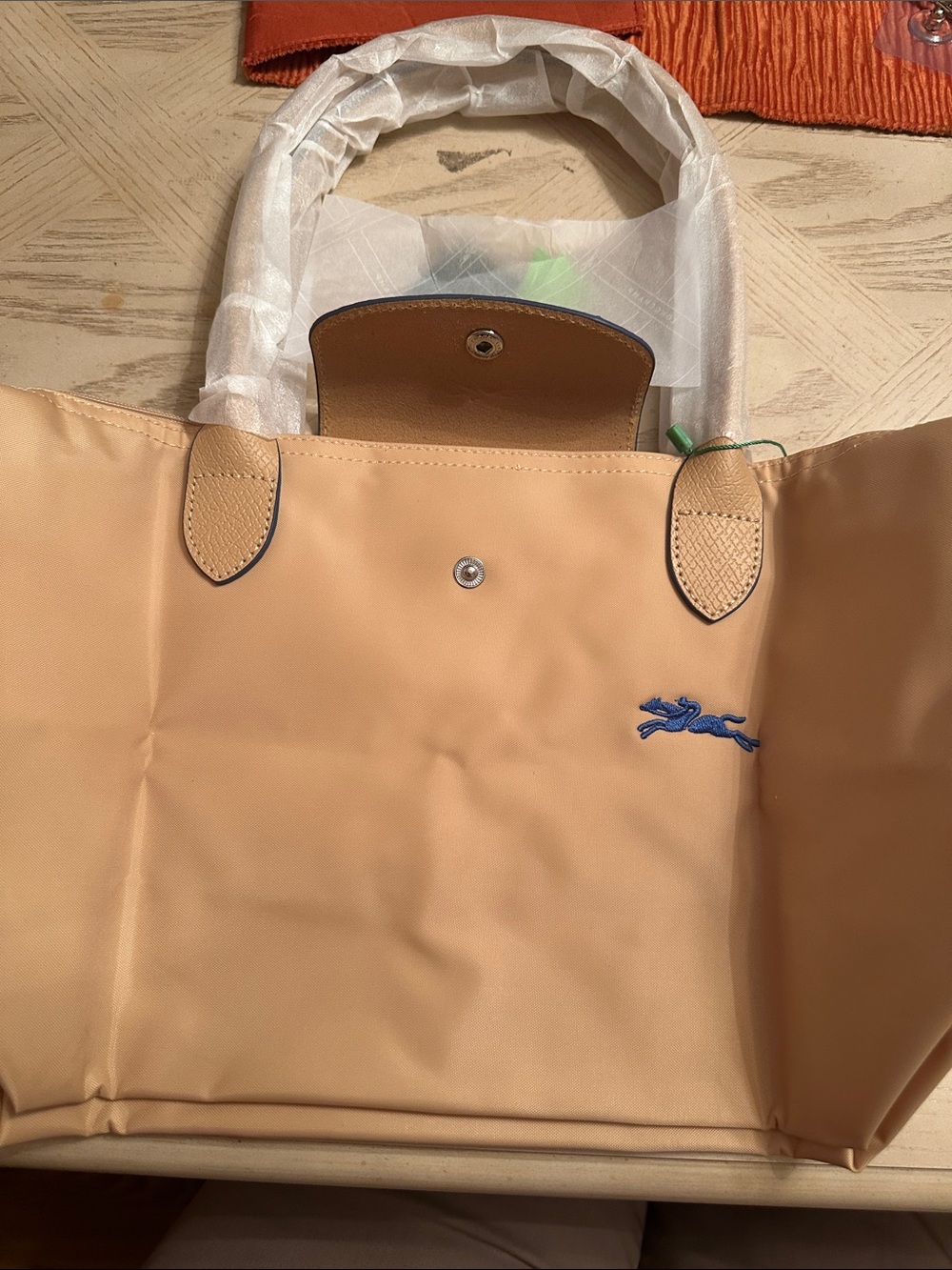 Stylish Crossbody Bag in Beige with Blue Snap - Picture 3 of 8
